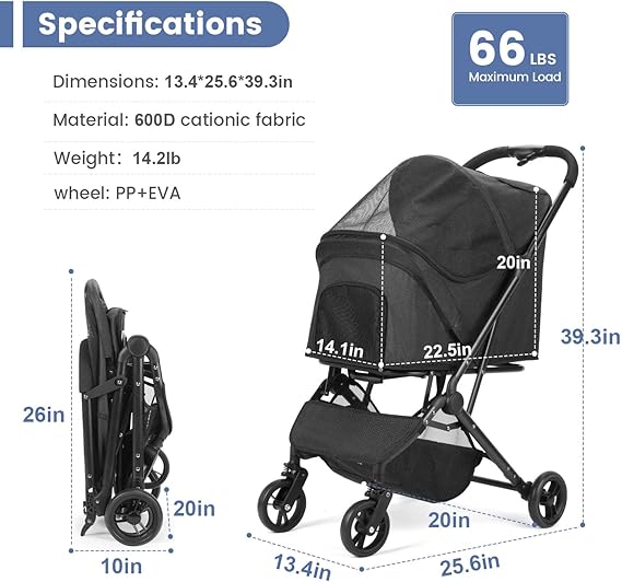 Predators Pets – Foldable Dog Stroller with Storage | Travel Jogger Stroller for Cats & Small to Medium Dogs (66 lbs)
