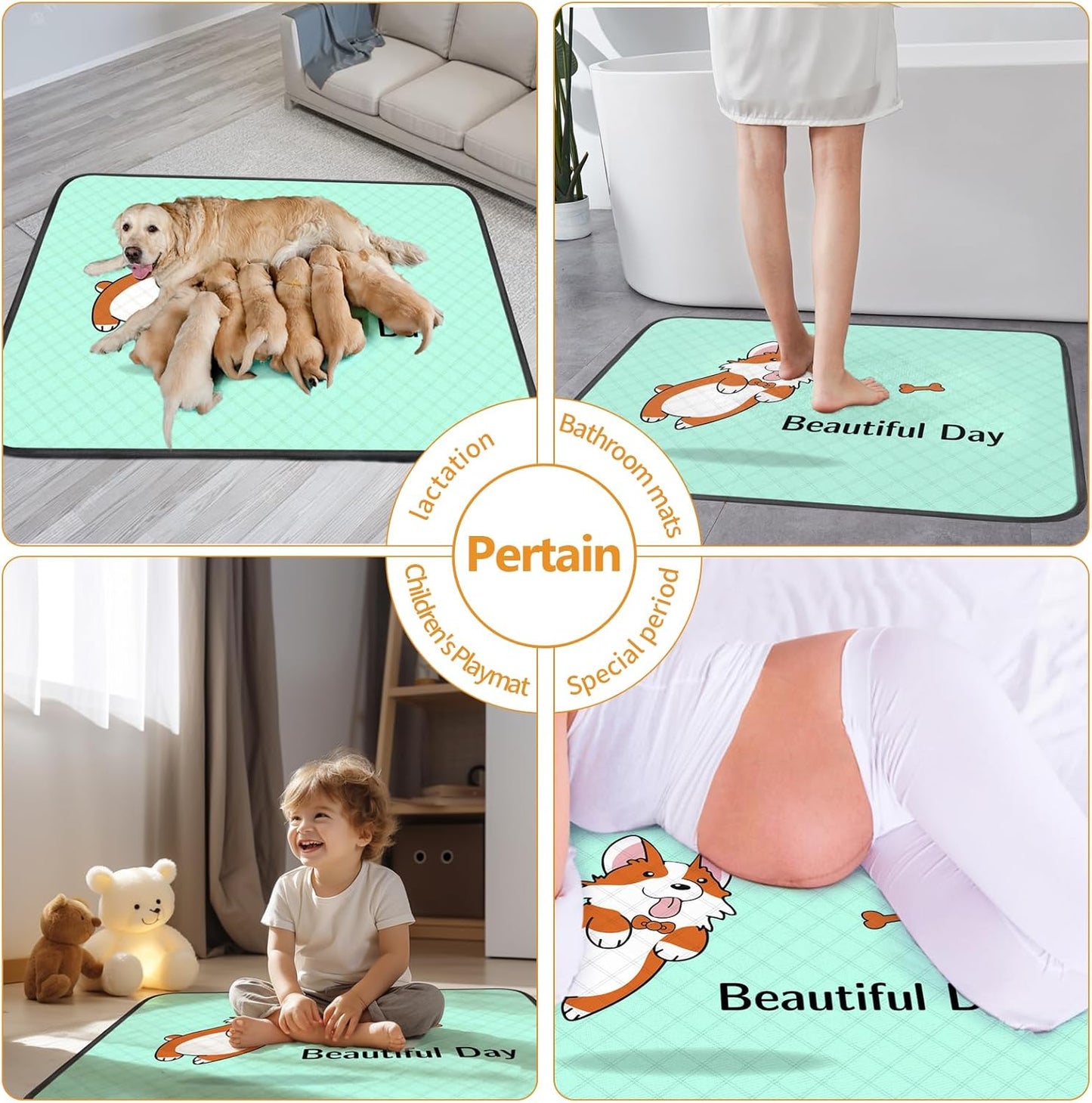 4-Pack Washable Pee Pads for Dogs (35x22in) – Extra-Absorbent, Thick, Reusable Puppy Pads with Non-Slip Base, Leak-Resistant, Ideal for Puppy Playpen, Crate, Whelping Box, and Potty Training – Blue