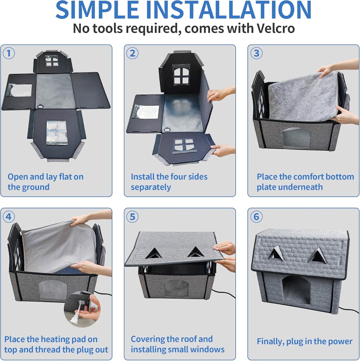Heated Cat House with Pet Heating Pads – Intelligent Thermostat Controller, Indoor/Outdoor Kitty Shelter, Foldable Heated Bed for Puppies, Waterproof and Sturdy with Cute Windows
