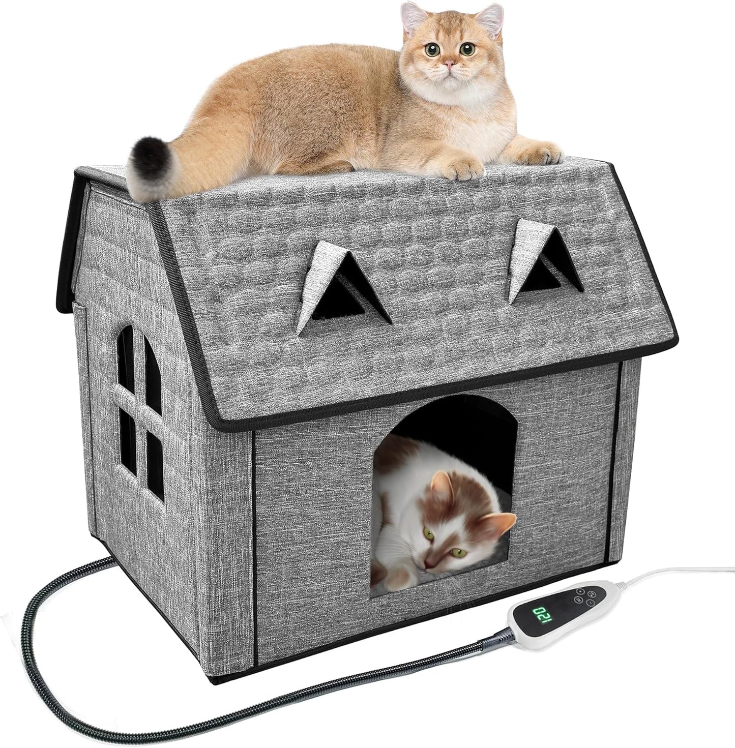 Heated Cat House with Pet Heating Pads – Intelligent Thermostat Controller, Indoor/Outdoor Kitty Shelter, Foldable Heated Bed for Puppies, Waterproof and Sturdy with Cute Windows