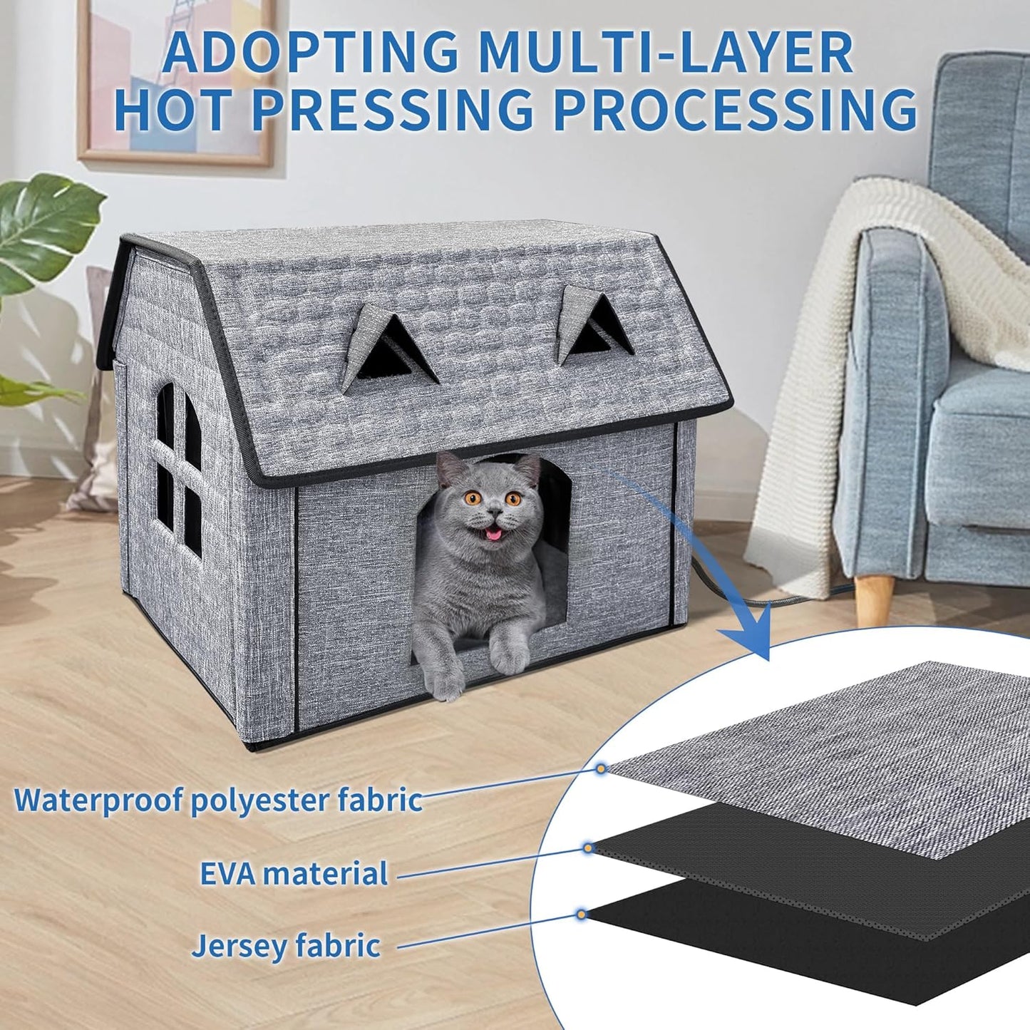 Heated Cat House with Pet Heating Pads – Intelligent Thermostat Controller, Indoor/Outdoor Kitty Shelter, Foldable Heated Bed for Puppies, Waterproof and Sturdy with Cute Windows