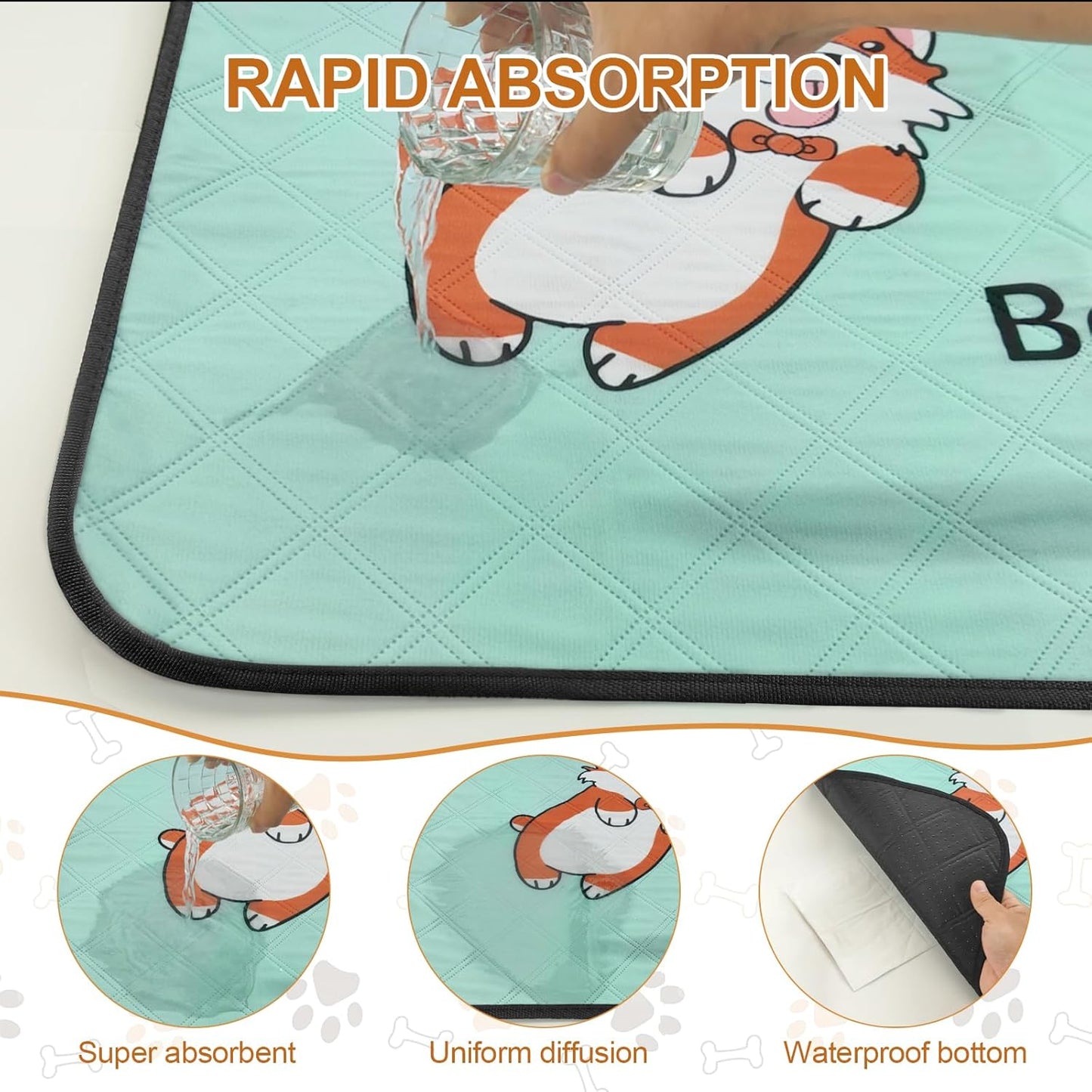 4-Pack Washable Pee Pads for Dogs (35x22in) – Extra-Absorbent, Thick, Reusable Puppy Pads with Non-Slip Base, Leak-Resistant, Ideal for Puppy Playpen, Crate, Whelping Box, and Potty Training – Blue