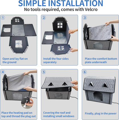 Heated Cat House with Pet Heating Pads – Intelligent Thermostat Controller, Indoor/Outdoor Kitty Shelter, Foldable Heated Bed for Puppies, Waterproof and Sturdy with Cute Windows