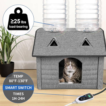 Heated Cat House with Pet Heating Pads – Intelligent Thermostat Controller, Indoor/Outdoor Kitty Shelter, Foldable Heated Bed for Puppies, Waterproof and Sturdy with Cute Windows