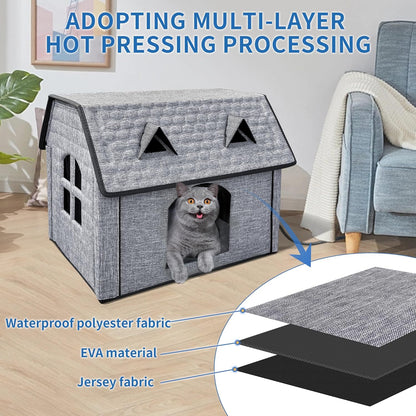 Heated Cat House with Pet Heating Pads – Intelligent Thermostat Controller, Indoor/Outdoor Kitty Shelter, Foldable Heated Bed for Puppies, Waterproof and Sturdy with Cute Windows